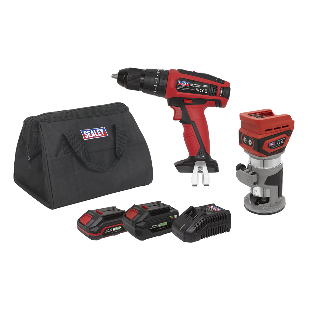 2 x 20V SV20 Series Cordless Router & Combi Drill Kit - 2 Batteries