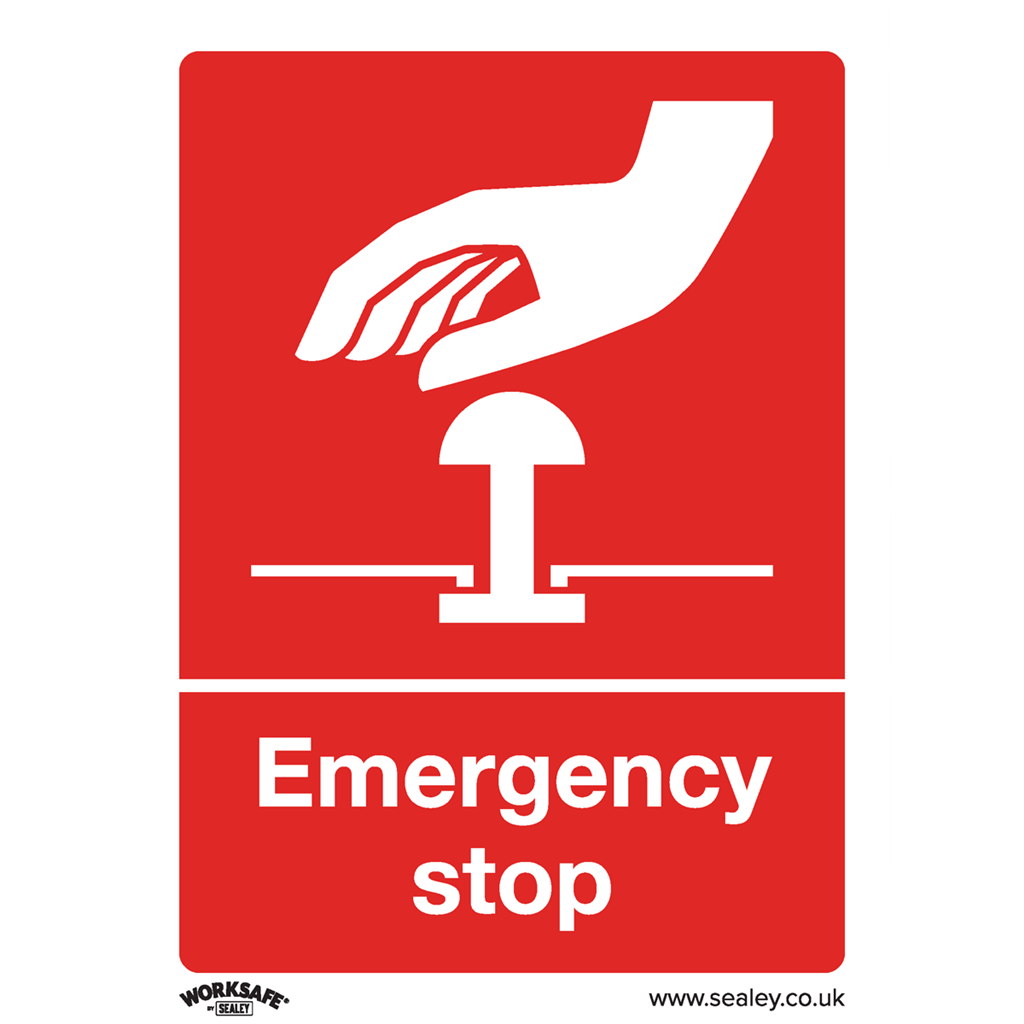 Worksafe&#174; Emergency Stop Safety Sign, Self-Adhesive Vinyl - Pack of 10