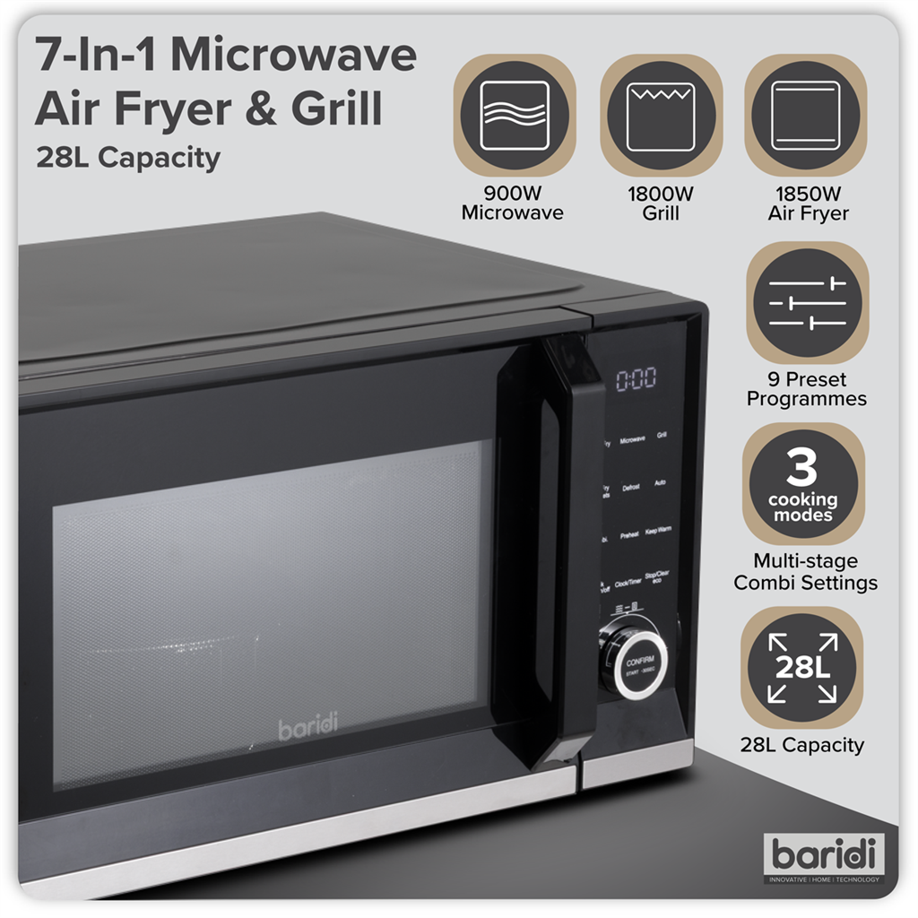 Baridi 7-in-1 Air Fryer Microwave & Grill, 28L Capacity - Black