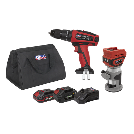 2 x SV20 Series Cordless Router & Combi Drill Kit 20V - 2 Batteries