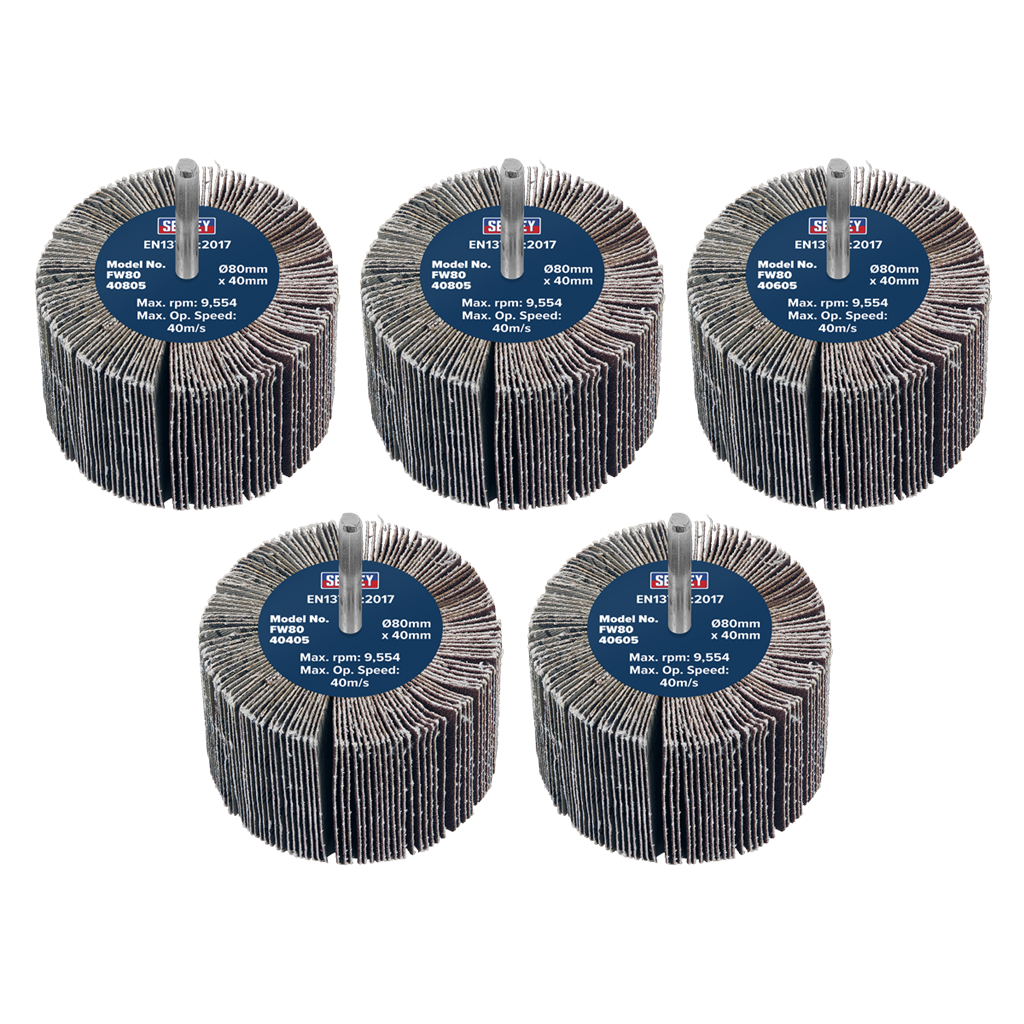 80 x 40mm Abrasive Flap Wheel on 6mm Shaft Assorted Grit - Pack of 5