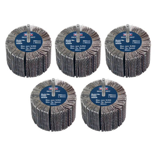 80 x 40mm Abrasive Flap Wheel on 6mm Shaft Assorted Grit - Pack of 5