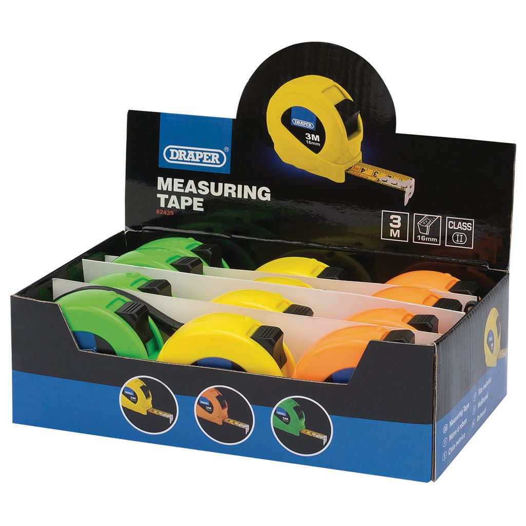 Measuring Tapes, 3m/10ft x 16mm, 3 Colours (Dispenser of 12)