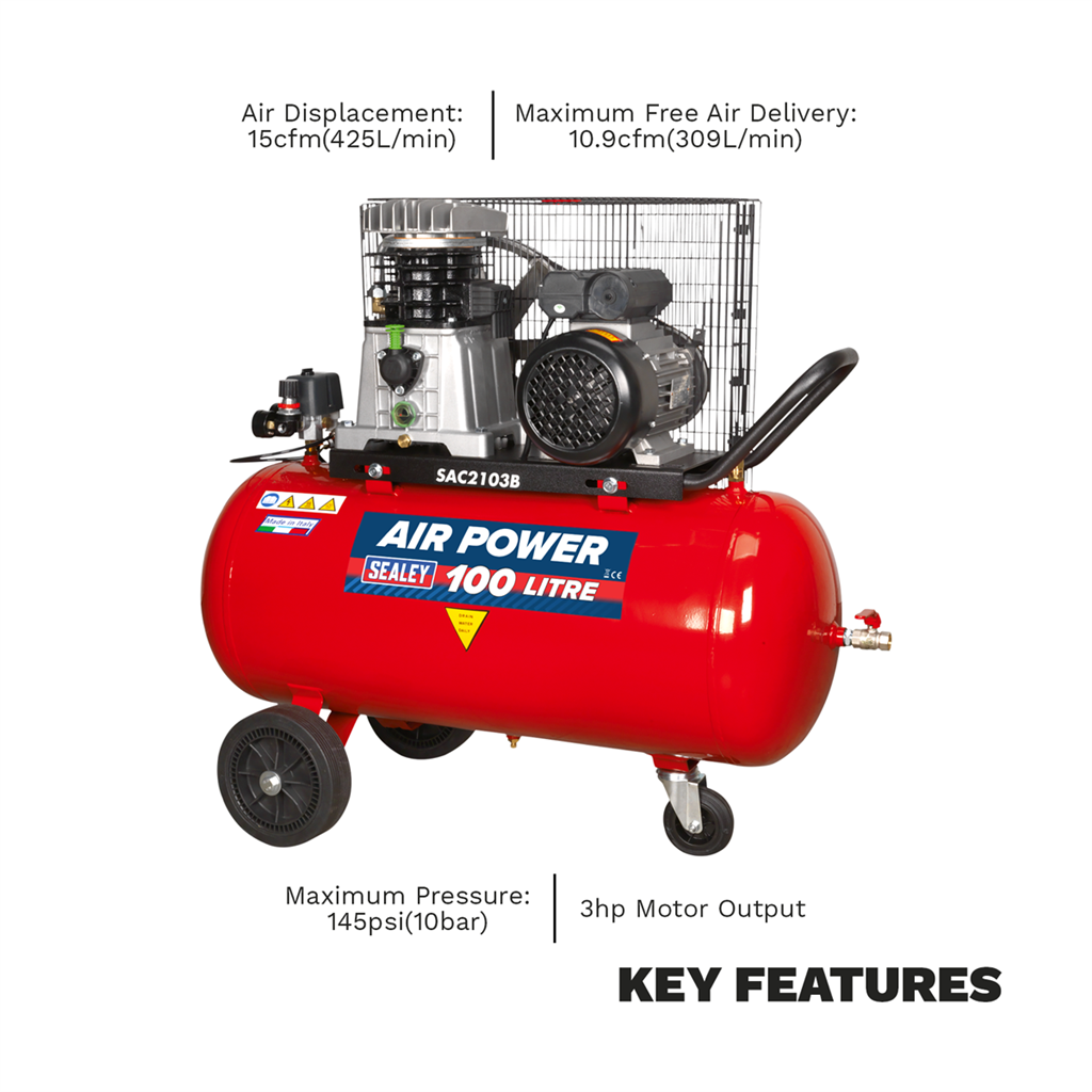 100L Belt Drive Air Compressor with Cast Cylinders & Wheels 3hp