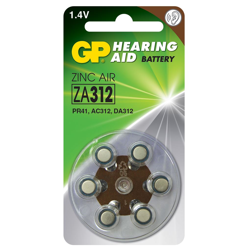 Zinc Air Hearing Aid Batteries - PR41 (ZA312) Brown 1.4V 125mAh 3.6x7.9mm&#216; 6 Pack