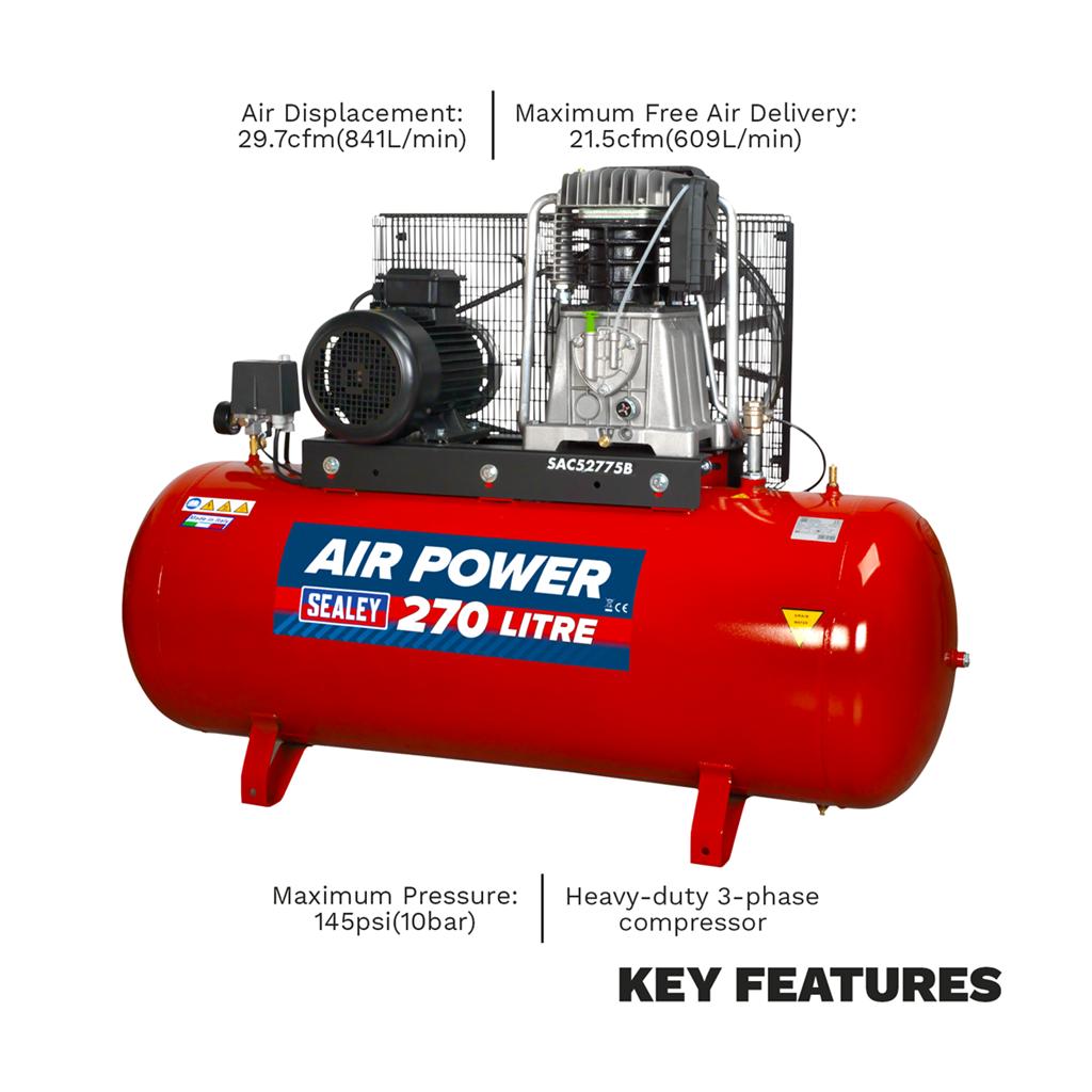 270L Belt Drive Air Compressor with Cast Cylinders 7.5hp 2-Stage