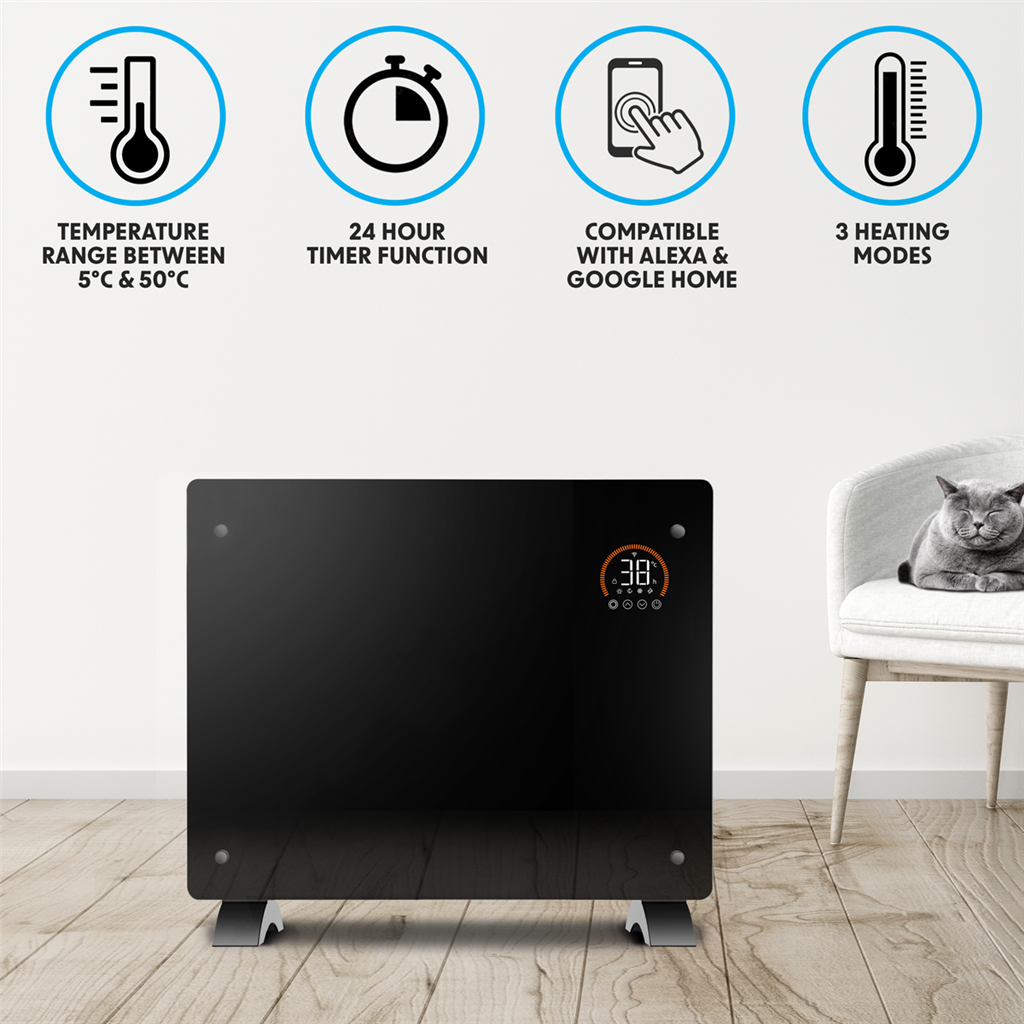 Baridi Electric Glass Panel Heater, 1500W, Thermostat Controlled 24Hr 7 Day Timer, Wi-Fi Enabled, Remote Control, Black - DH137