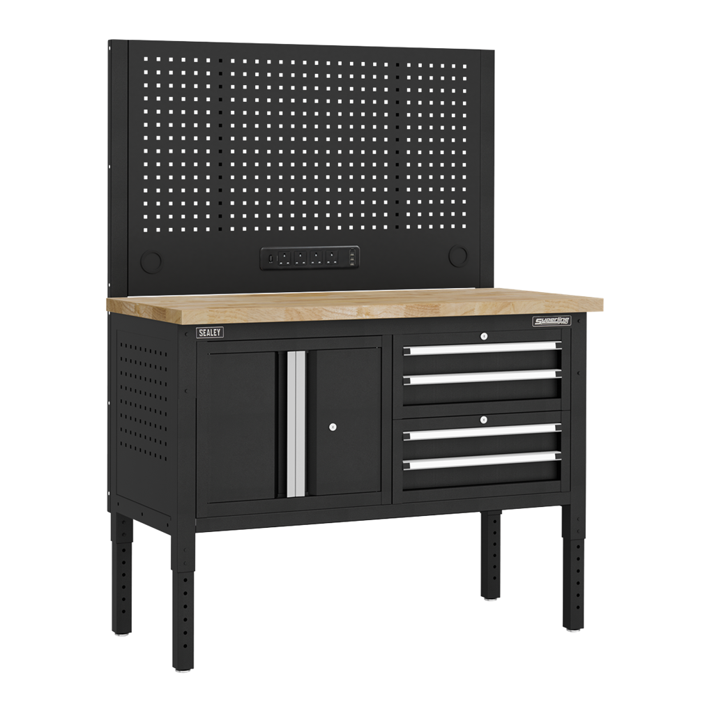 Superline PRO&#174; Modular Workbench with 4 Drawers & Cupboard Wooden Worktop 1265mm