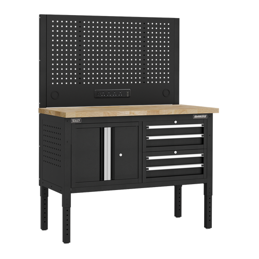 Superline PRO&#174; Modular Workbench with 4 Drawers & Cupboard Wooden Worktop 1265mm