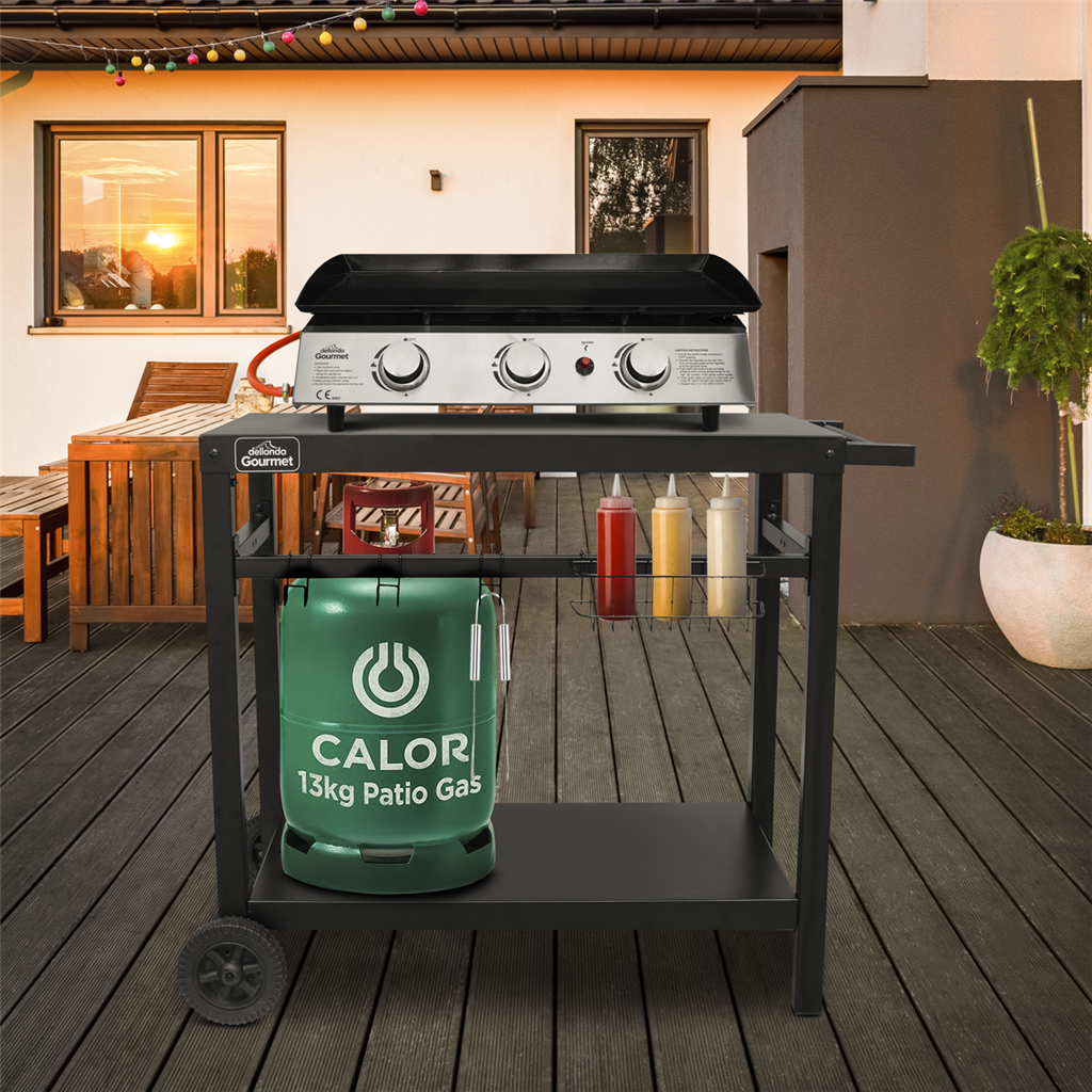 Dellonda BBQ & Plancha Trolley for Outdoor Cooking with Utensil Holder, Black - DG45