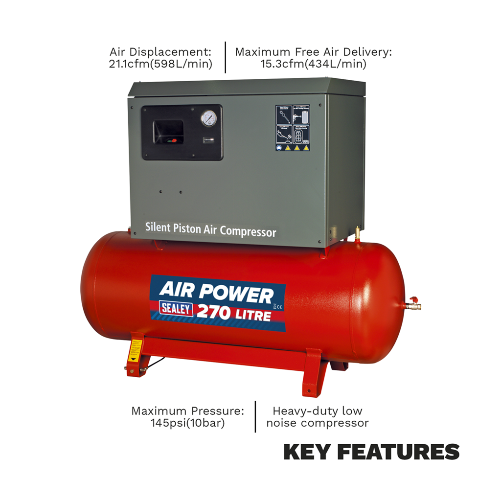 270L Low Noise Belt Drive Air Compressor with Cast Cylinders 5.5hp 2-Stage