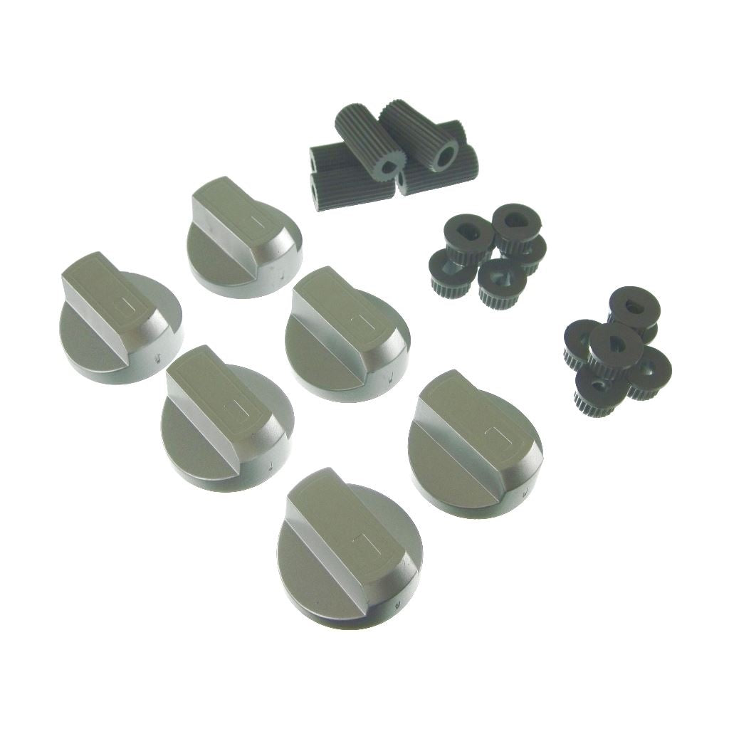 Universal Cooker/Oven/Grill Control Knobs & Adaptors - Silver | Fits Gas & Electric (Pack of 6)
