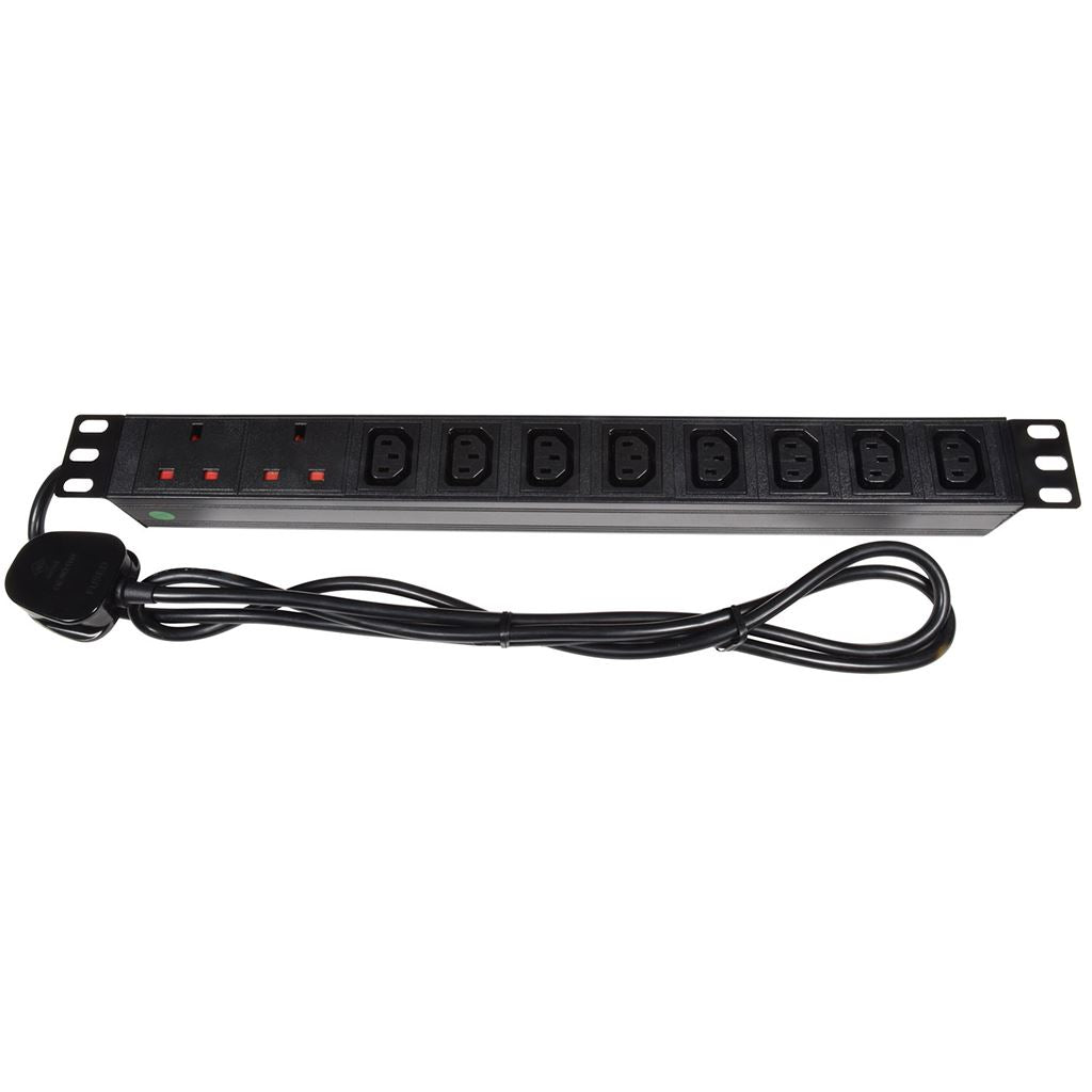 19" Rackmount Power Distribution Units - 1U 2 UK + 8 IEC + 1.8m Lead - 1U-PDU-2UK8IEC