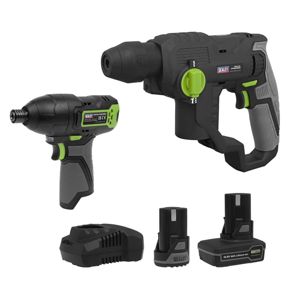 2 x SV10.8 Series Cordless Rotary Hammer Drill & Impact Driver Kit 10.8V - 2 Batteries & Euro Plug