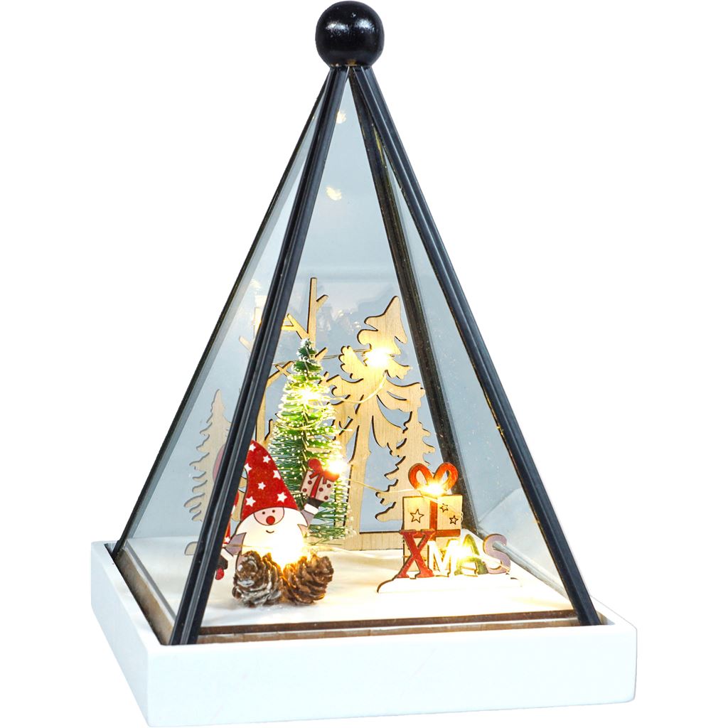 Xmas Haus Triangle Hurricane Glass Holder with Light Up Festive Gonk Scene Battery Operated