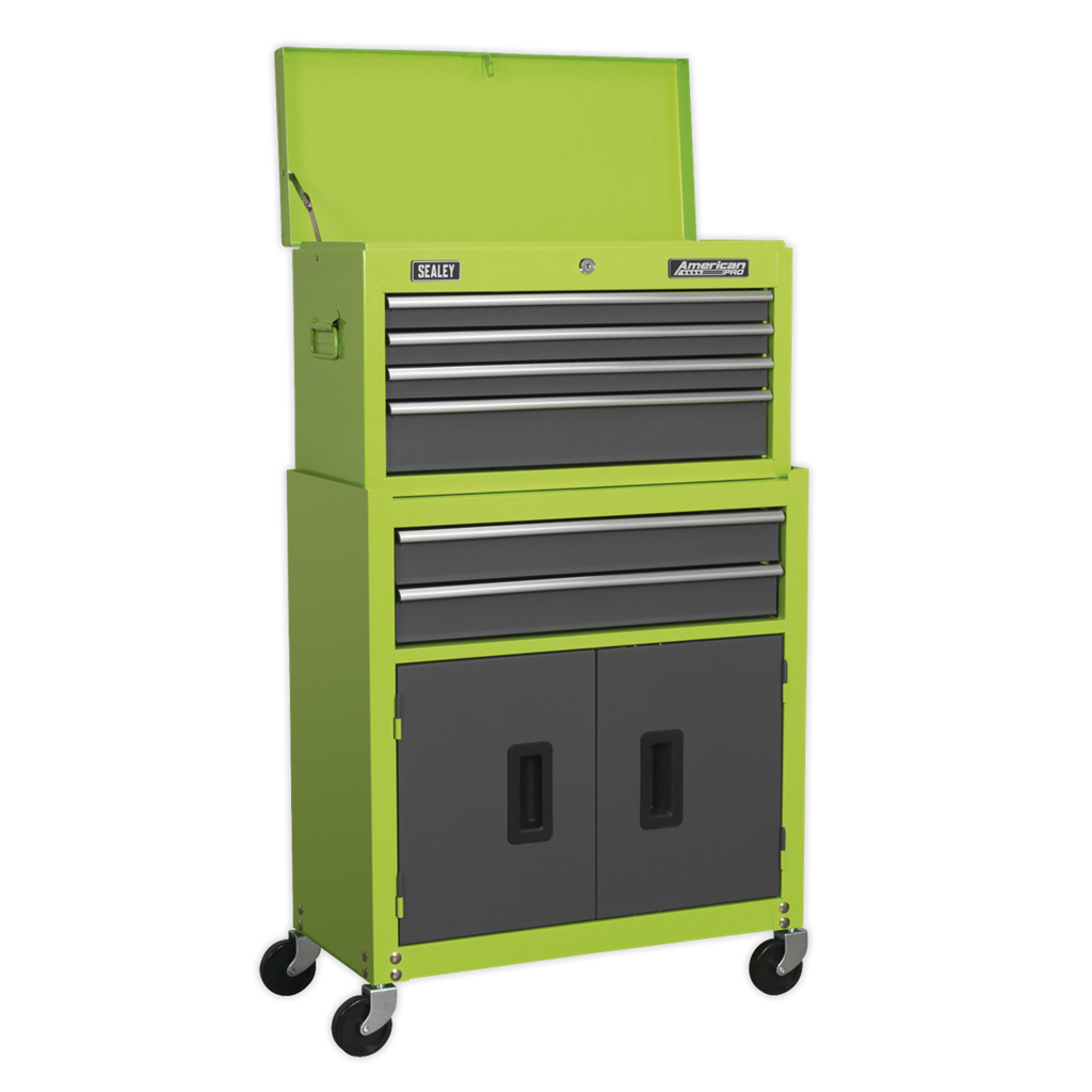 6 Drawer Topchest & Rollcab Combination with Ball-Bearing Slides - Hi-Vis Green/Grey & 170pc Tool Kit