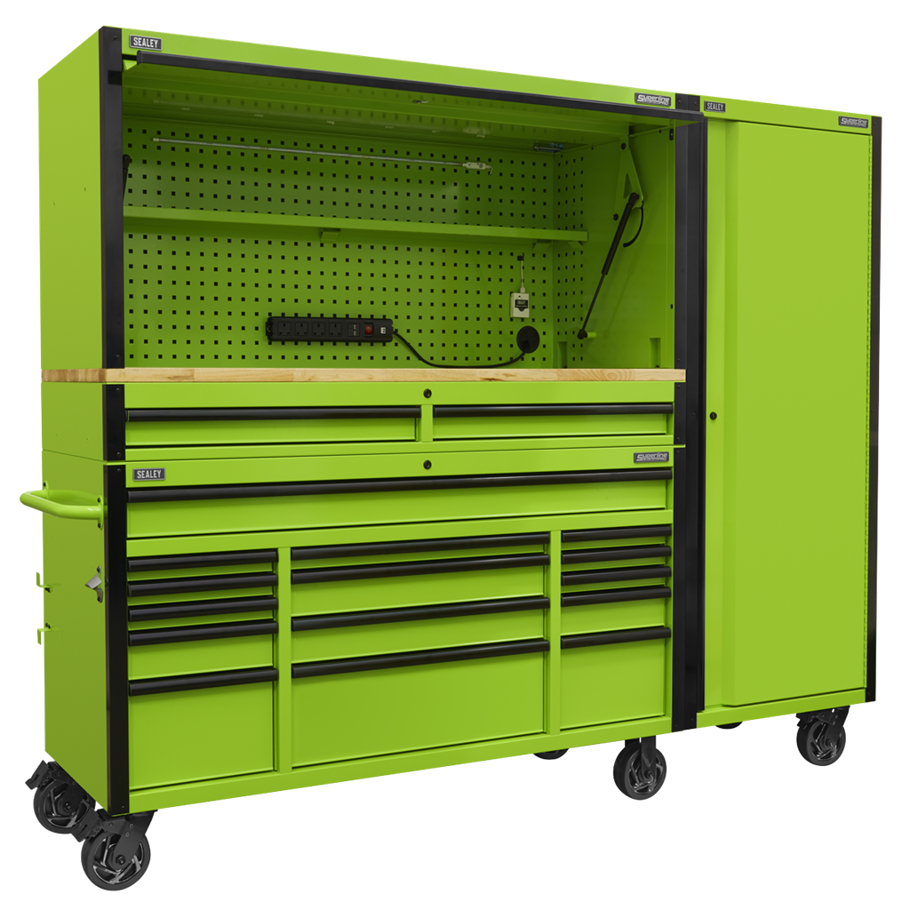 15 Drawer 1549mm Mobile Trolley with Wooden Worktop, Hutch, 2 Drawer Riser & Side Locker