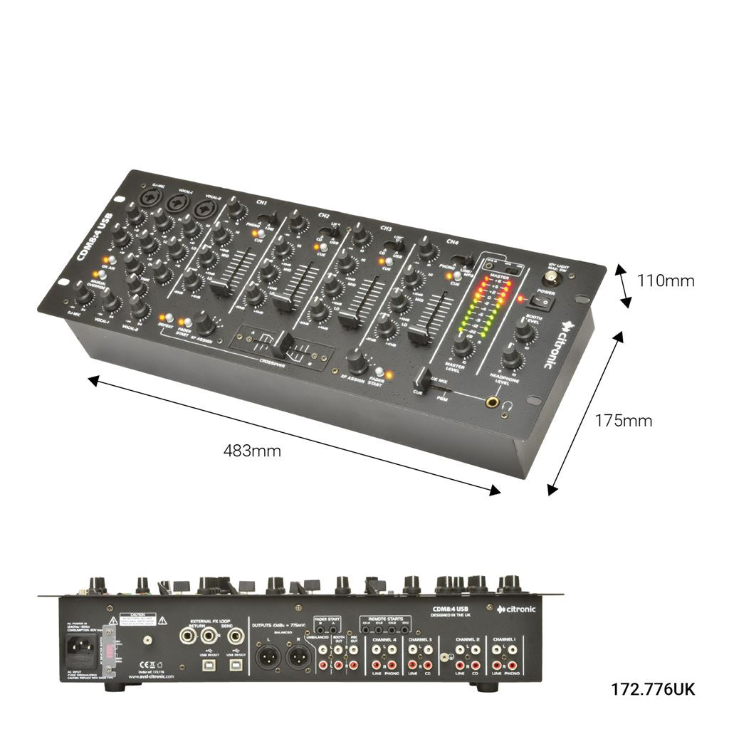 4 Channel 19" DJ Mixer - CDM8:4 USB 14 - INPUT RACK