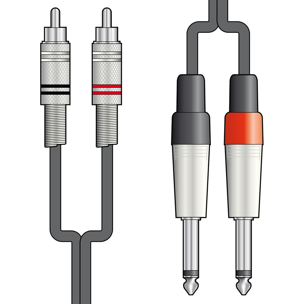 Classic Audio Leads 2 x 6.3mm Mono Jack Plugs - 2 x RCA Plugs - Jacks 1.5m - 2R-2M6J150