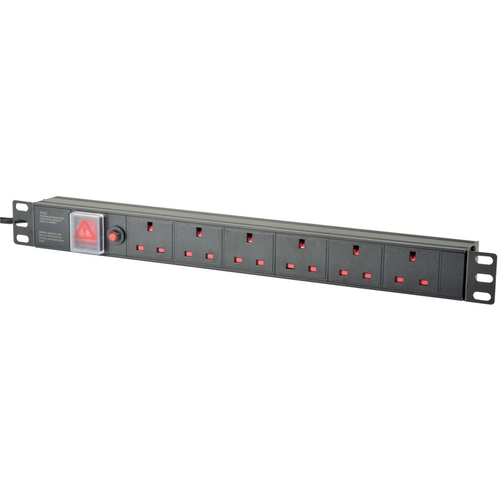 19" Rackmount Power Distribution Units - 1U 6-Gang UK + Breaker + 1.8m Lead - 1U-PDU-6UK