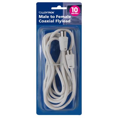 10m Coaxial Flylead - Plug to Socket (Male to Female) - White