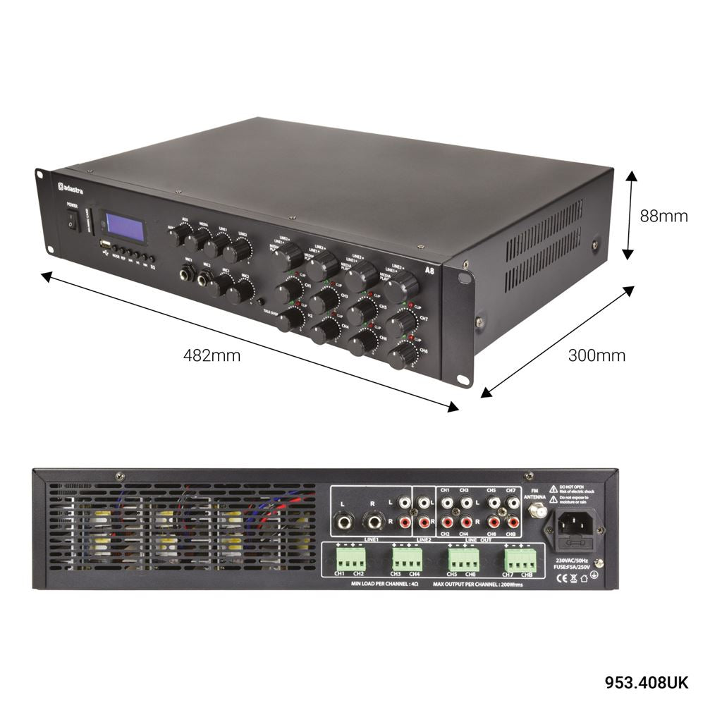 A-series Multi Zone Stereo Amplifiers - A8 Quad Amplfier 8x200W