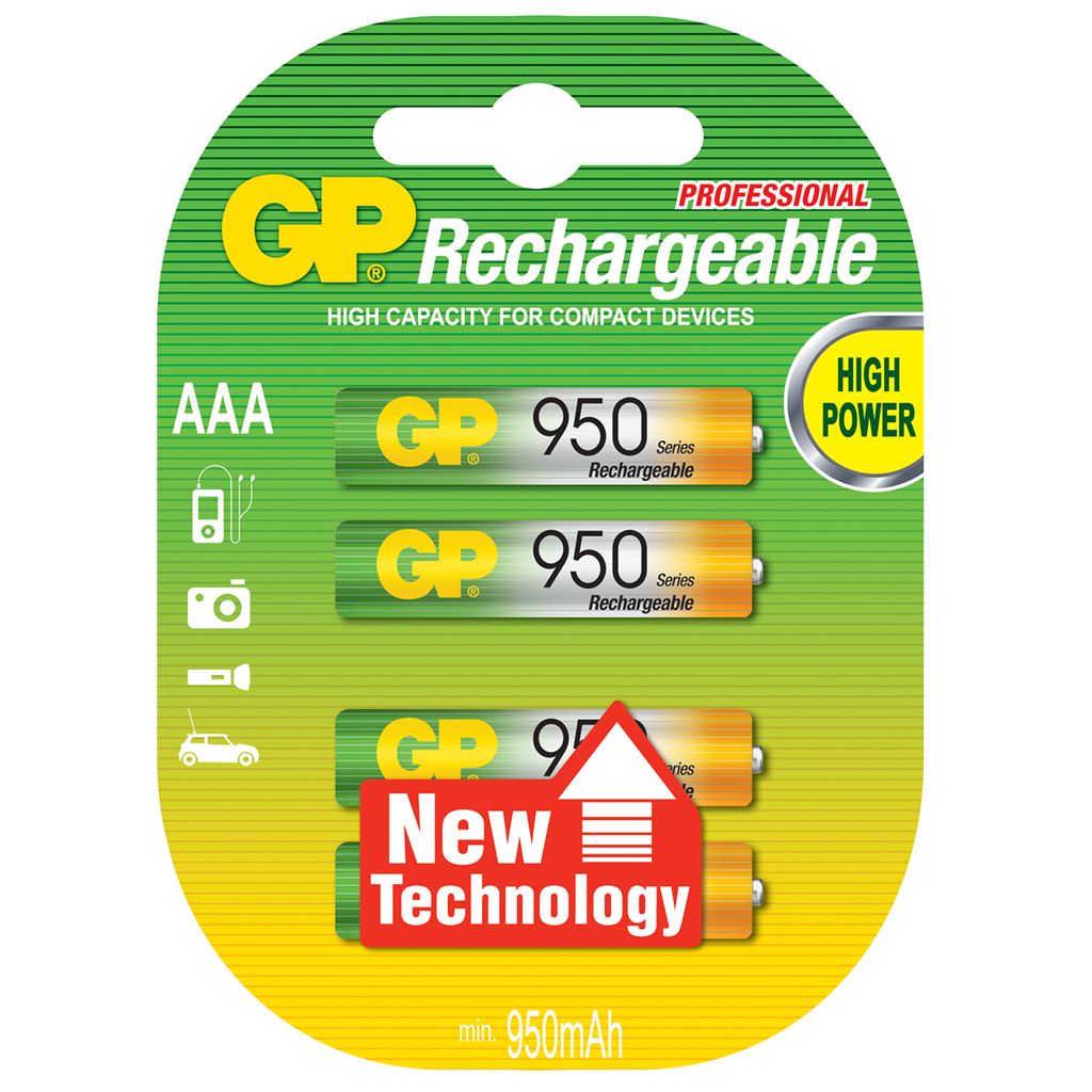 GP Recyko+ NiMH Rechargeable Batteries - batteries, 1.2V, 950mAh, AAA, packed 4 per blister