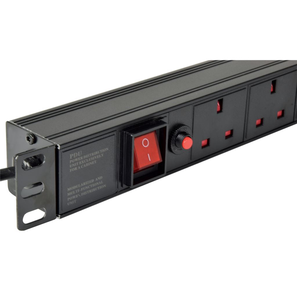 19" Rackmount Power Distribution Units - 1U 6-Gang UK + Breaker + 1.8m Lead - 1U-PDU-6UK