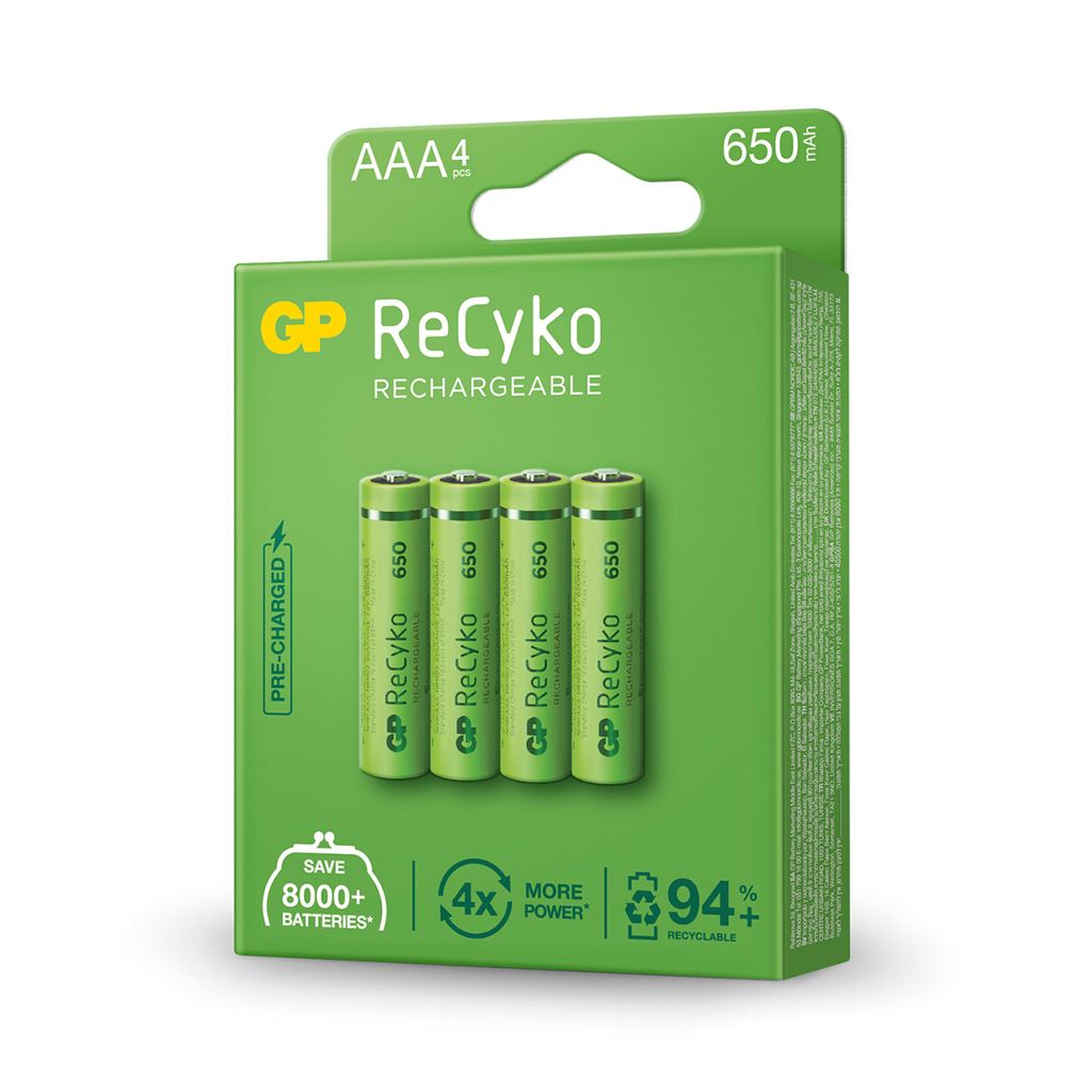GP Recyko+ NiMH Rechargeable Batteries - 650 AAA (Card of 4)