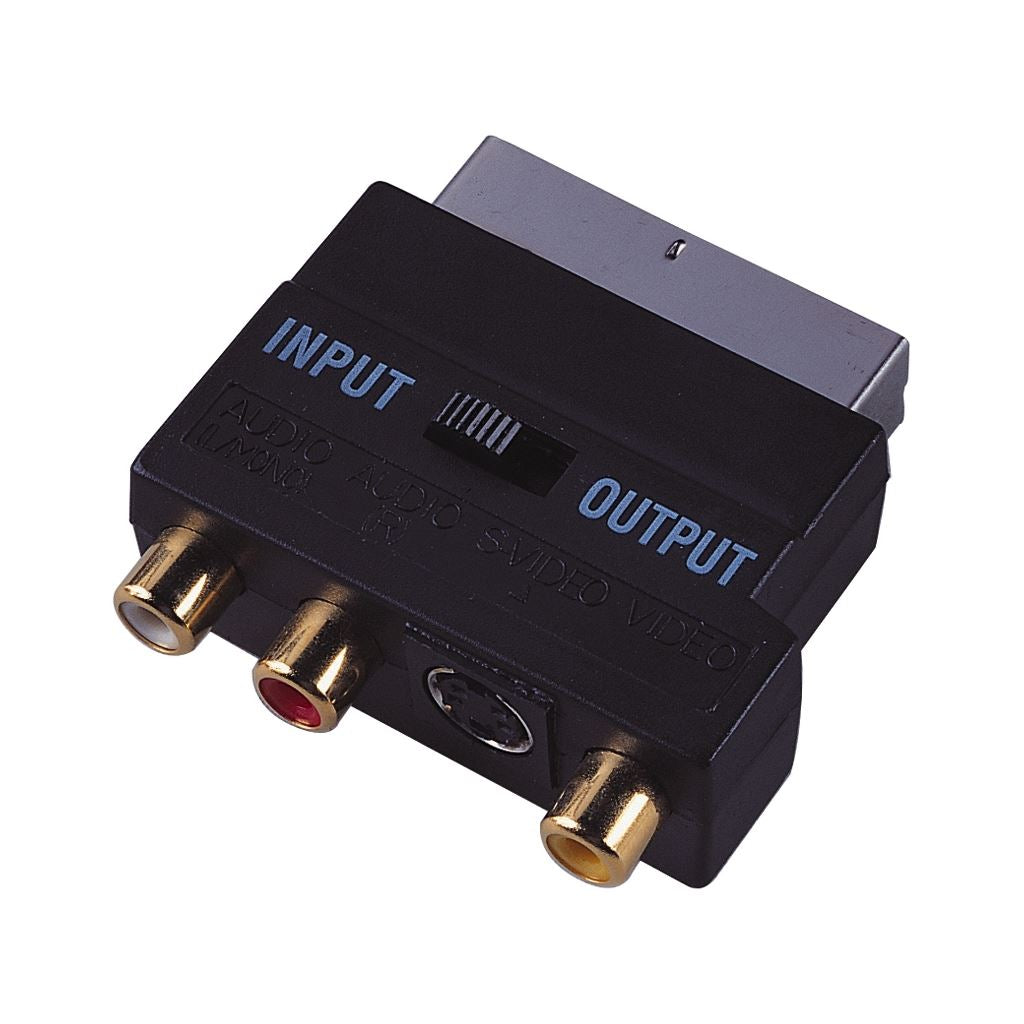 Switched Scart Plug to 3 Gold Plated Phono and SVHS Sockets Adaptor