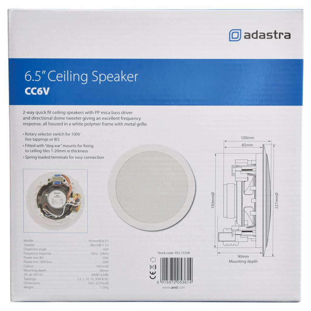 CC Series 2 Way 100V Ceiling Speakers - CC6V with Control 6.5 Inch