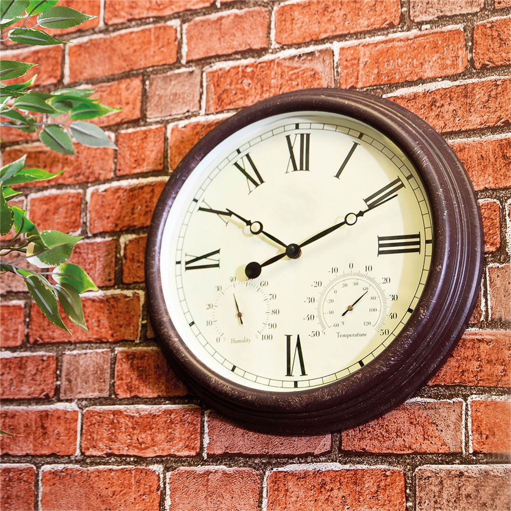 Garden Vintage Design 15" Outdoor and Indoor Clock with Thermometer and Hygrometer