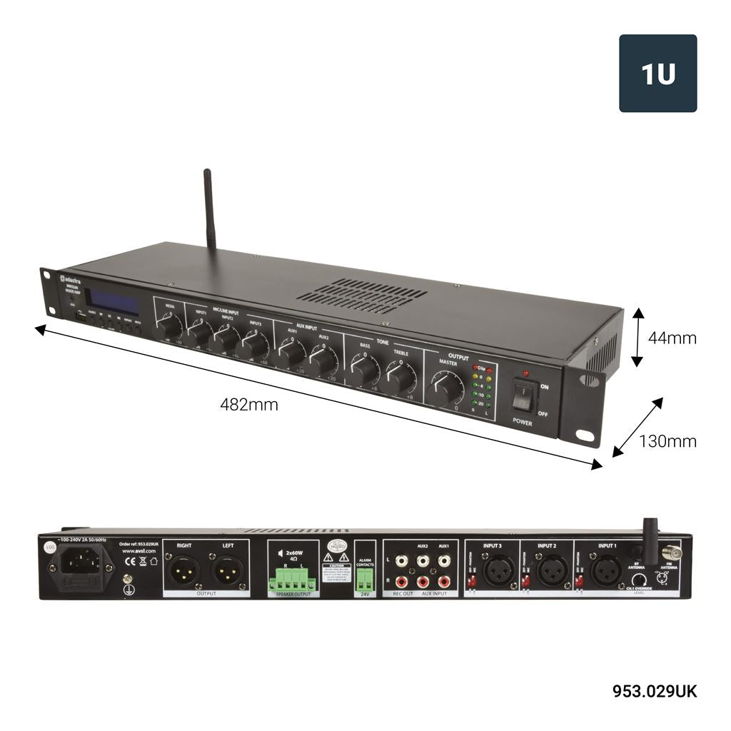 Rackmount 1U Mixer-Amp with USB/FM/BT - 2 x 60W - MM3260