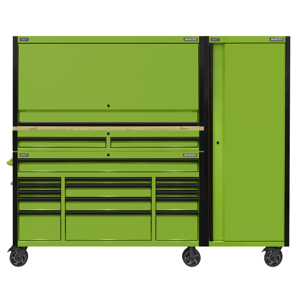 15 Drawer 1549mm Mobile Trolley with Wooden Worktop, Hutch, 2 Drawer Riser & Side Locker