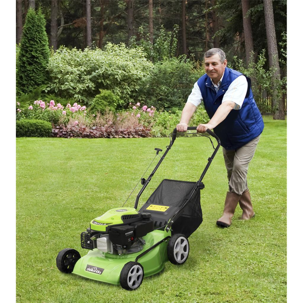 Dellonda Hand-Propelled Petrol Lawnmower Grass Cutter, 132cc 16"/40cm 4-Stroke - DG100