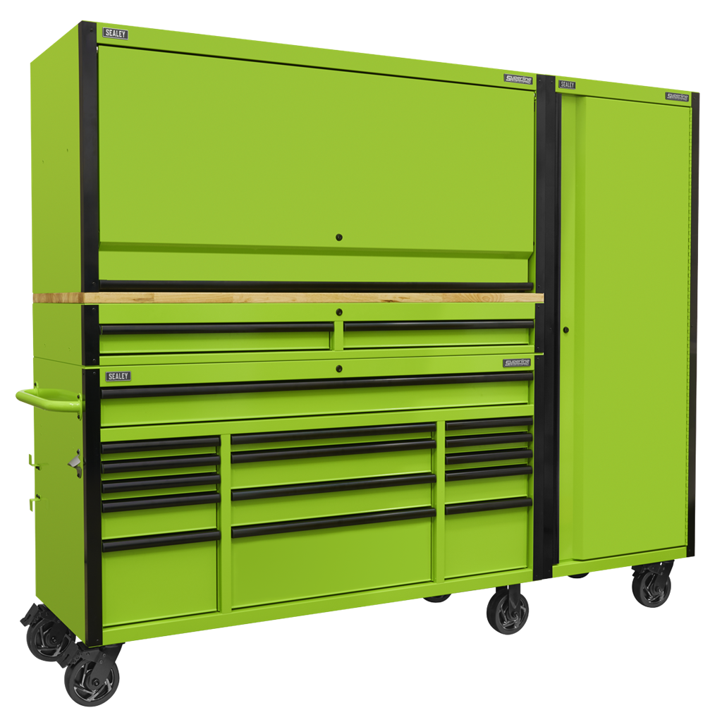 15 Drawer 1549mm Mobile Trolley with Wooden Worktop, Hutch, 2 Drawer Riser & Side Locker