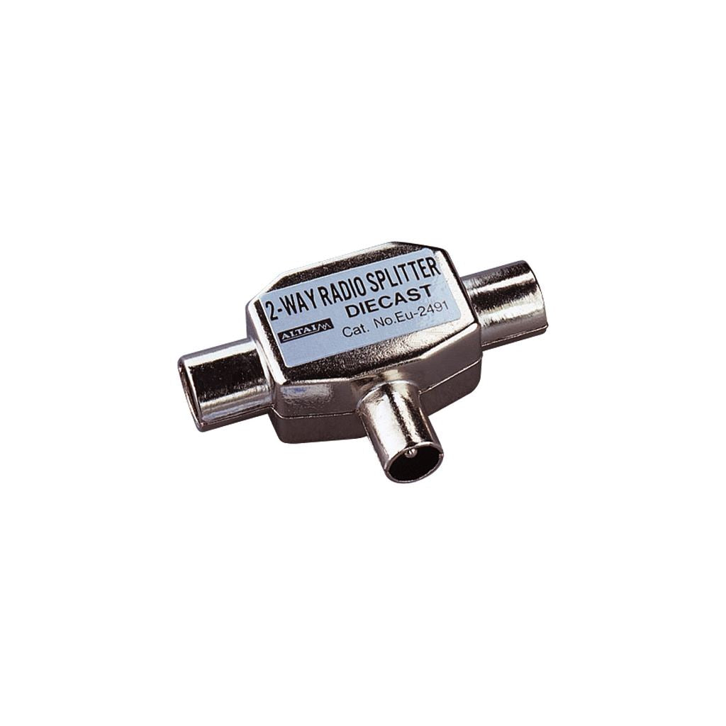 Coaxial T Splitter with Line Plug Input to 2 Coaxial Line Socket Outputs