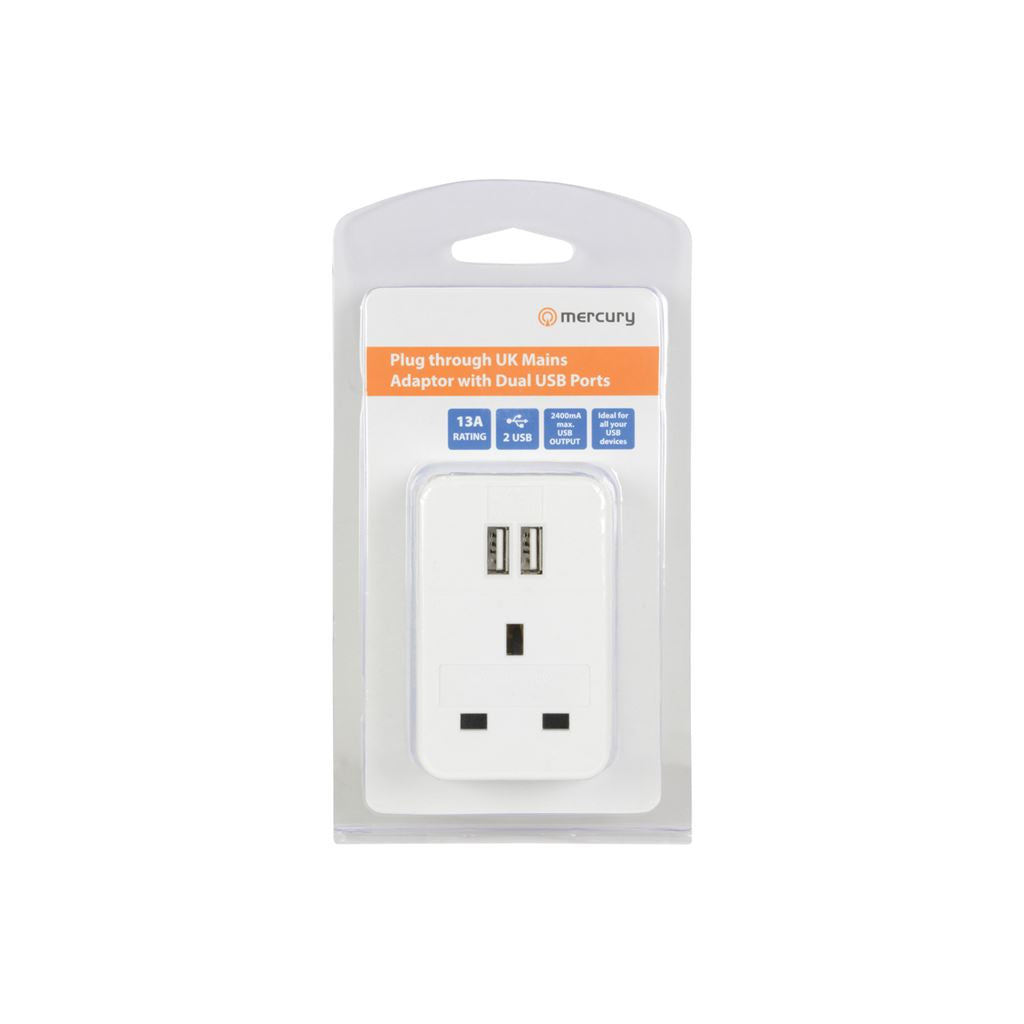 Plug through UK Mains Adaptor with Dual USB Ports 2.4A Max