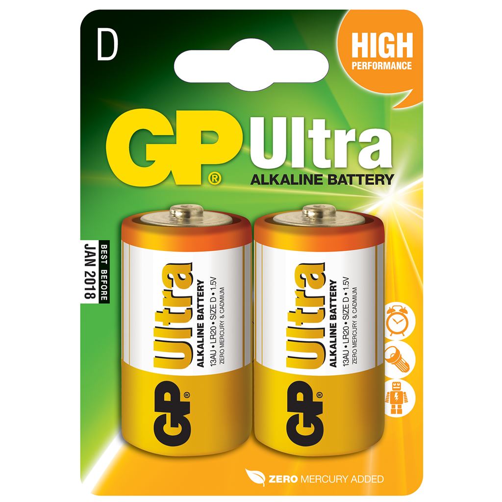 GP Ultra Alkaline Batteries - batteries, D, 1.5V, packed 2 /blister