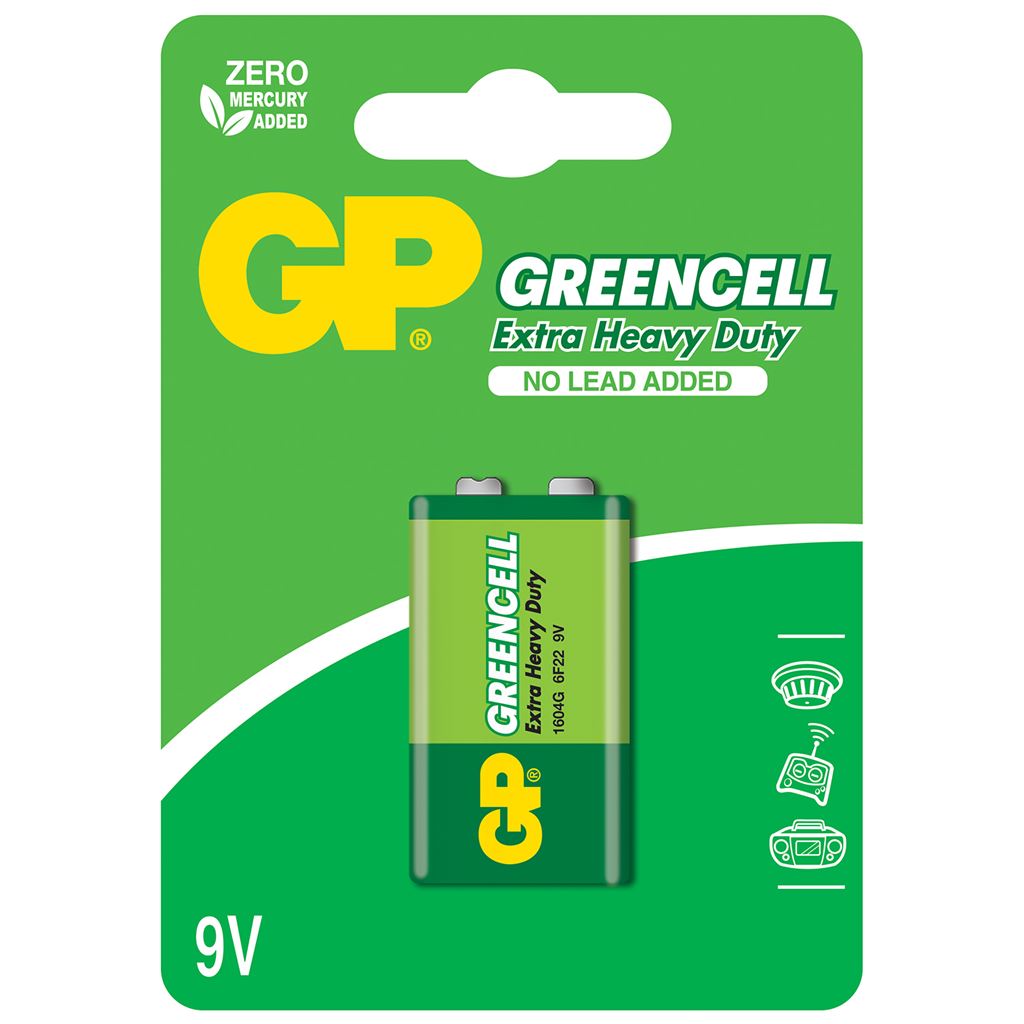 GP Greencell Zinc Chloride Batteries - battery, PP3, 9V, packed 1 per blister