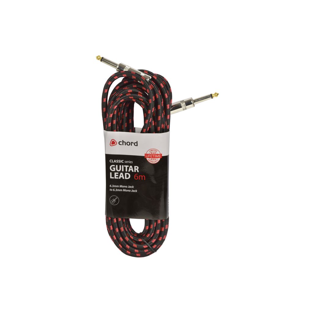 Classic Retro Braided Guitar Leads 6.3mm Mono Jack Plug - 6.3mm Mono Jack Plug - Black/Red 6.0m