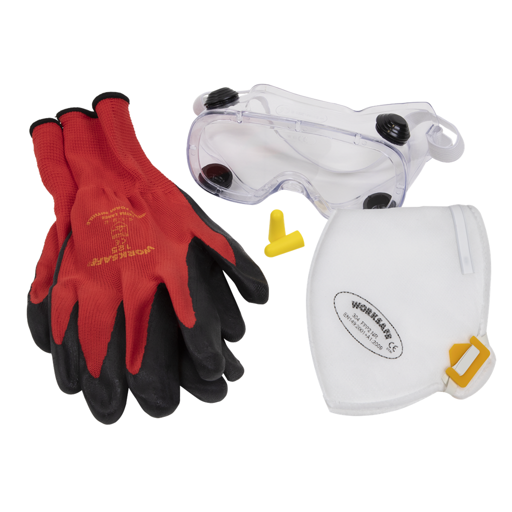 Flexi Grip Gloves, FFP2 Mask, Goggles & Ear Plugs