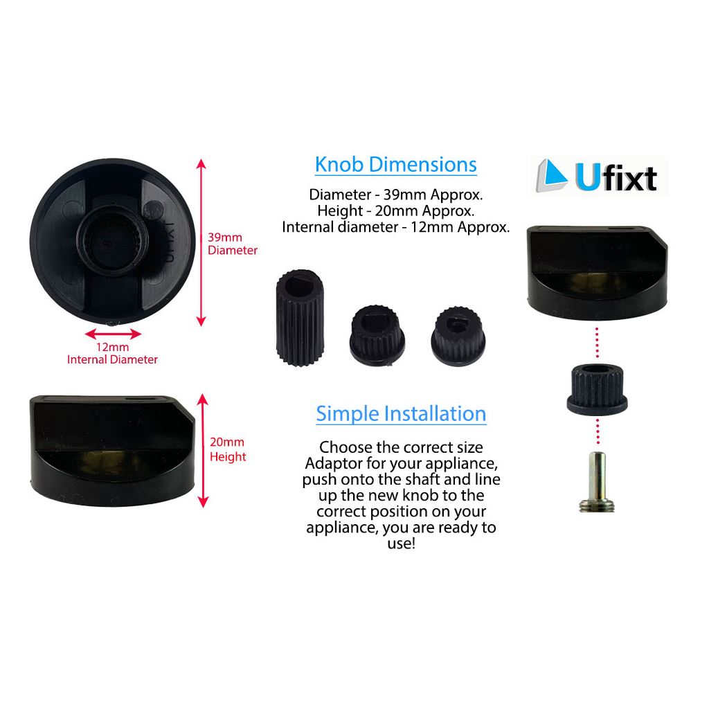 Universal Cooker Oven Grill Control Knob And Adaptors Black Fits All Gas Electric