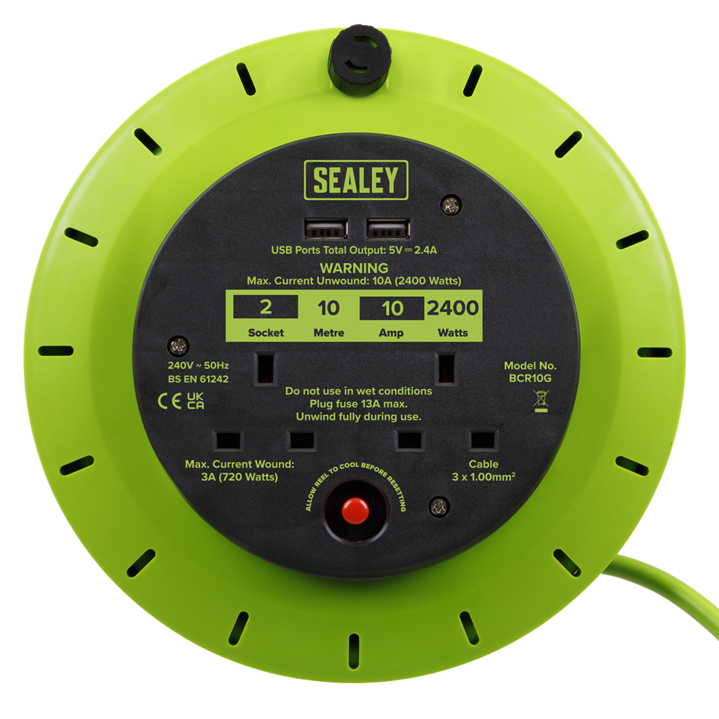 Cassette Type Cable Reel Green with Thermal Trip 2 x 230V and 2 x USB 10m
