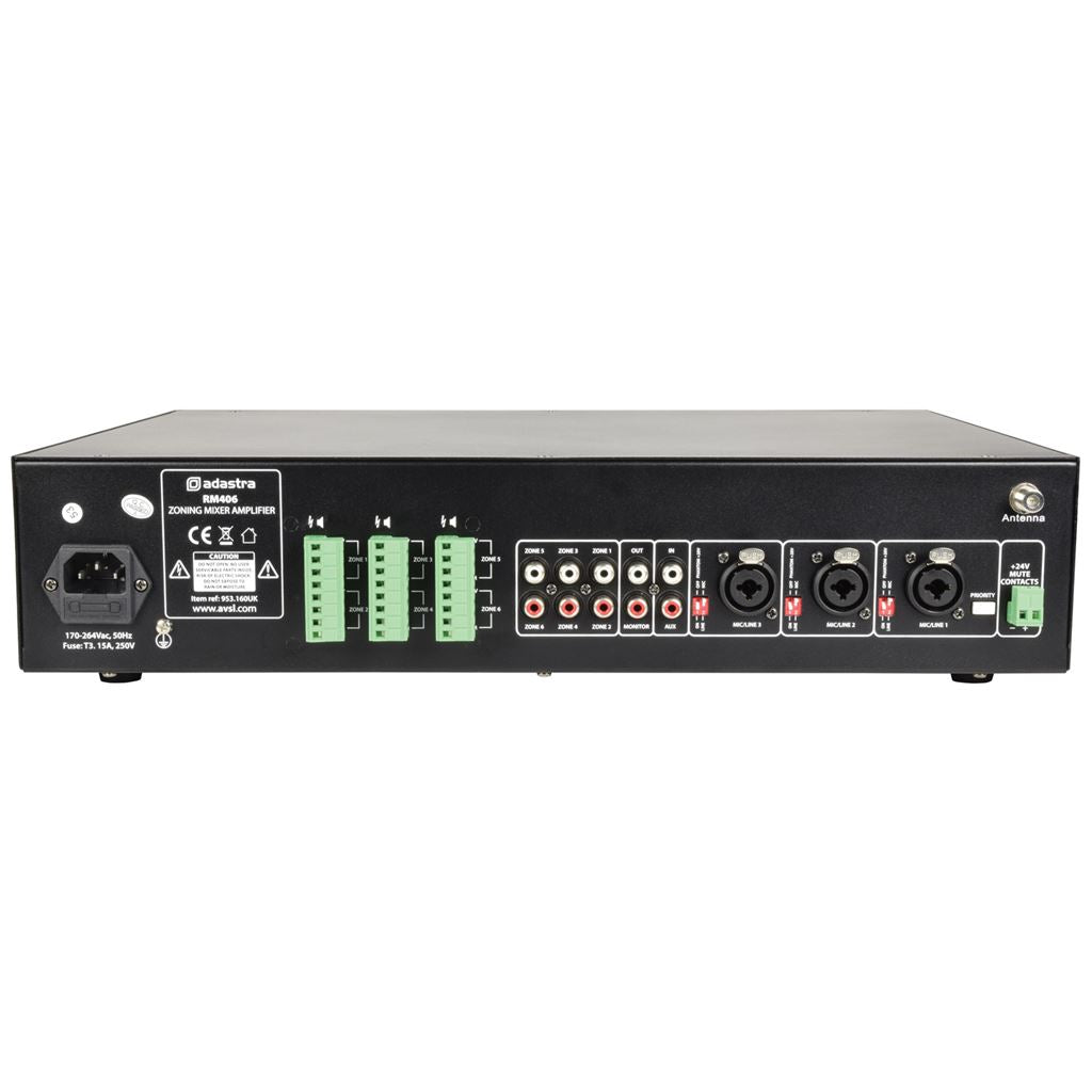 RM406 100V Mixer Amplifier 6 x 40W + USB/SD/FM/Bluetooth - Mixer-Amp USB/SD/FM/BT