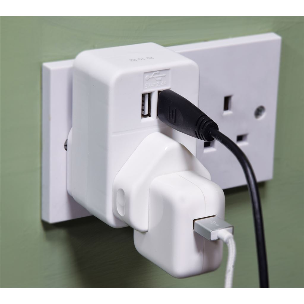 Plug through UK Mains Adaptor with Dual USB Ports 2.4A Max