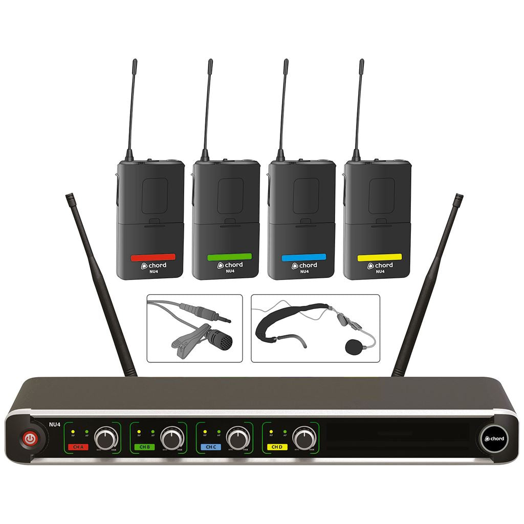 NU4 Quad UHF Wireless Microphone System - NU4-N System-Neck/Lapel