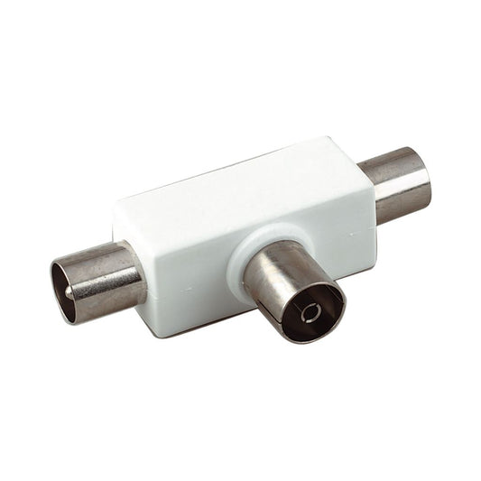 Coaxial T Splitter with Line Socket Input to 2 Coaxial Line Plug Outputs