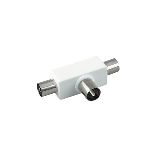 Coaxial T Splitter with Line Plug Input to 2 Coaxial Line Socket Outputs