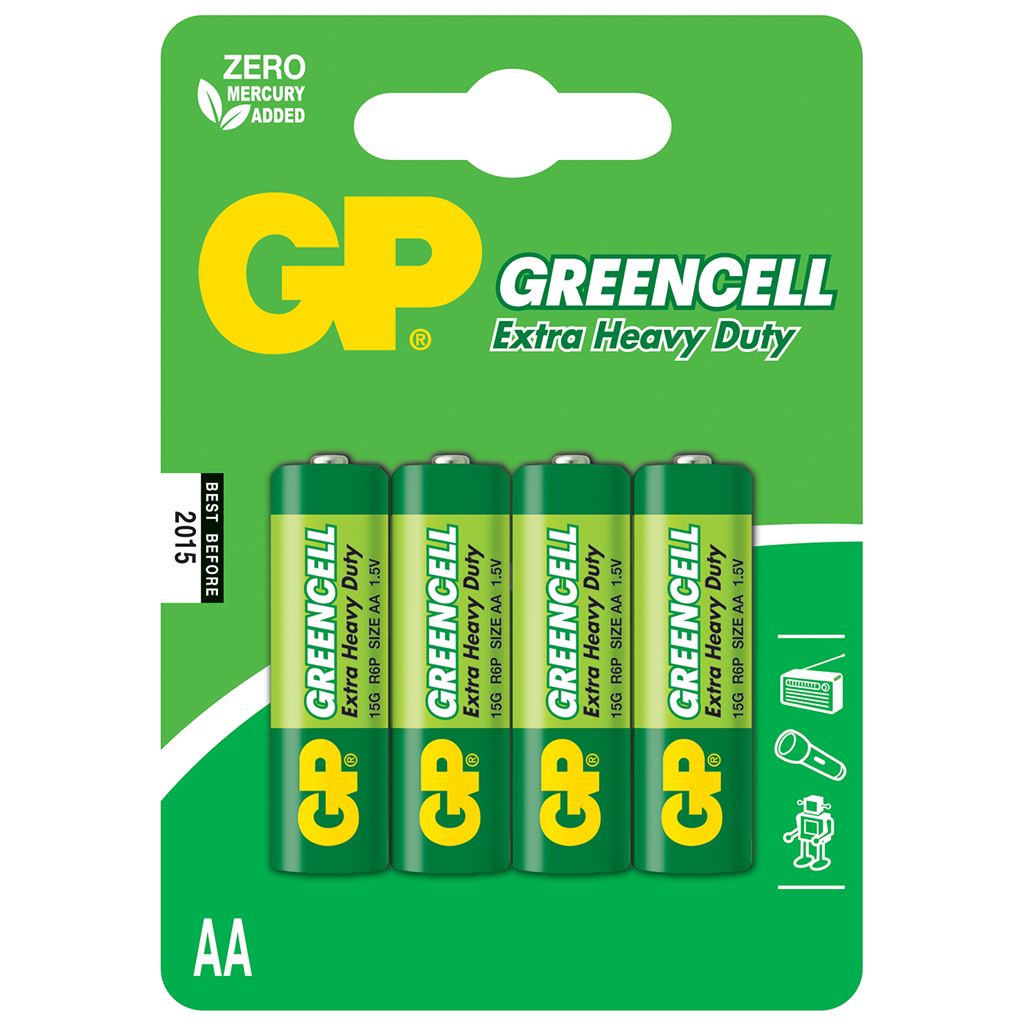 GP Greencell Zinc Chloride Batteries - batteries, AA, 1.5V, packed 4 per blister